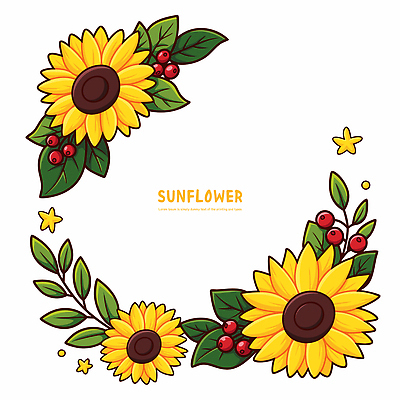 열매 잎 일러스트 해바라기 사람없음 노란색 원형프레임 꽃프레임 카피스페이스 국내일러스트 AI파일 식물 꽃 컬러 프레임 공백 원형 파일형식 벡터