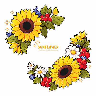 열매 잎 일러스트 해바라기 사람없음 반짝임 노란색 원형프레임 꽃프레임 카피스페이스 국내일러스트 AI파일 식물 꽃 컬러 모션 프레임 공백 원형 파일형식 벡터