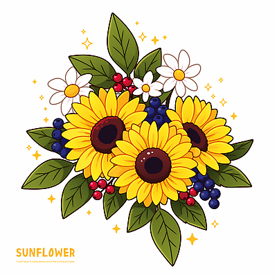 열매 잎 일러스트 해바라기 사람없음 반짝임 노란색 국내일러스트 AI파일 식물 꽃 컬러 모션 파일형식 벡터