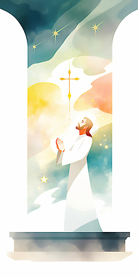 JPG 전신 남자 기독교 십자가 일러스트 하늘 한명 성인 믿음 눈감음 천주교 기도 예수 유성 손모으기 후광 성인남자한명만 국내일러스트 AI일러스트 AI콘텐츠 1 감정 종교 모션 사람 손짓 빛 신_종교 남자한명만 성인남자만 파일형식