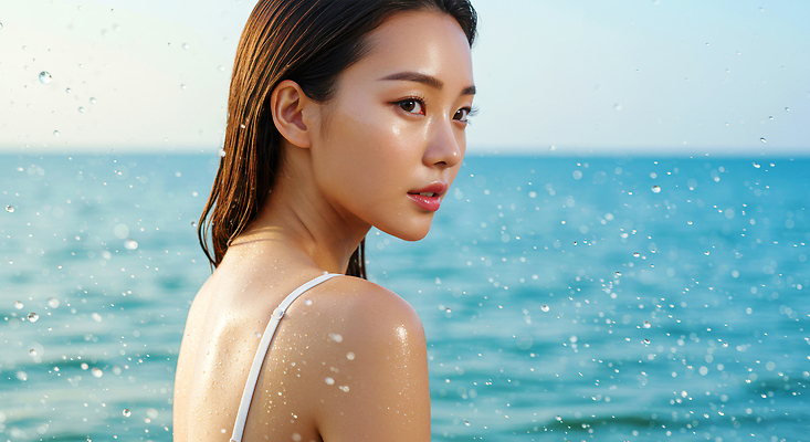 JPG 편집이미지 여자 수영복 바다 하늘색 하늘 한명 상반신 성인 뷰티 젖음 튀는물 뷰티풀 의료성형뷰티 성인여자한명만 편집실사 AI인물포토 AI콘텐츠 1 옷 사람 파란색 CG 액체표현 스플래쉬 여자한명만 성인여자만 파일형식 AI포토