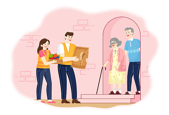 전신 여자 노년 남자 분홍색 채소 일러스트 지팡이 들기 여러명 성인 장보기 상자 봉사 자원봉사자 쌀포대 자원봉사조끼 국내일러스트 AI파일 컬러 다수 모션 사람 조끼 도움 파일형식 벡터