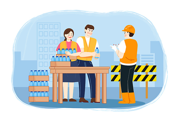 전신 여자 남자 하늘색 일러스트 노동자 미소 들기 성인 세명 봉사 자원봉사자 안전모 생수 책상 주기 안전가드 자원봉사조끼 성인만 건설근로자 국내일러스트 AI파일 직업 가구 모션 표정 사람 파란색 조끼 도움 헬멧 안전장비 물병 파일형식 벡터