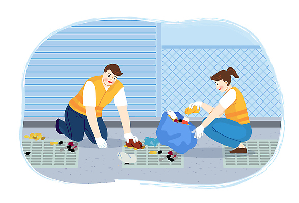 전신 여자 남자 하늘색 일러스트 성인 두명 잡기 봉사 자원봉사자 쓰레기 무릎꿇기 하수구 쓰레기봉투 쓰레기줍기 자원봉사조끼 성인만 국내일러스트 AI파일 시설물 모션 봉투 사람 파란색 조끼 도움 파일형식 벡터 줍기