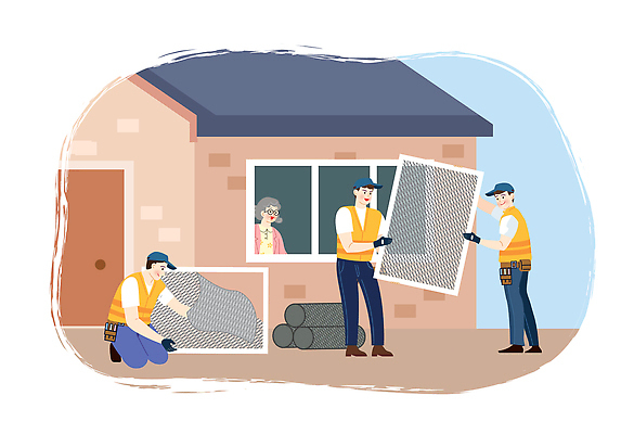 전신 여자 노년 남자 일러스트 창문 주택 미소 들기 여러명 성인 봉사 수리 자원봉사자 자원봉사조끼 캡모자 안경낌 방충망 국내일러스트 AI파일 모자_잡화 안경 다수 모션 표정 사람 건물 조끼 도움 파일형식 벡터