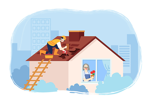 전신 여자 노년 남자 꽃 화분 하늘색 일러스트 사다리 창문 지붕 주택 미소 들기 성인 두명 손상 도시 봉사 수리 자원봉사자 안전모 자원봉사조끼 안경낌 국내일러스트 AI파일 식물 안경 컨셉 모션 표정 사람 건물 파란색 도구 조끼 도움 헬멧 안전장비 파일형식 벡터