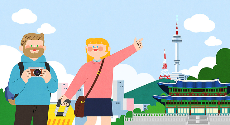 외국인 구름 여자 남자 하늘색 일러스트 배낭 하늘 휴가 산 미소 들기 빌딩 성인 두명 여행객 카메라 캐리어 가리킴 도시 경복궁 크로스백 남산타워 국내여행 성인만 국내일러스트 AI파일 자연요소 여행 가방 모션 한국 표정 사람 인종 손짓 건물 파란색 전자제품 여행가방 궁전 남산 파일형식 벡터