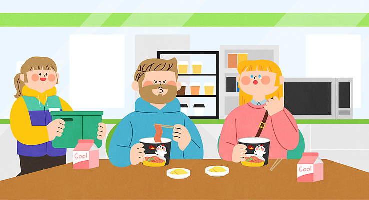 외국인 여자 남자 일러스트 식탁 휴가 한국 미소 들기 앉기 상반신 성인 세명 상자 여행객 전자레인지 매움 아르바이트 국내여행 젓가락질 컵라면 편의점 성인만 국내일러스트 우유갑 AI파일 아시아 여행 젓가락 모션 탁자 표정 사람 인종 손짓 상점 가전제품 우유 라면 레인지 맛 파일형식 벡터