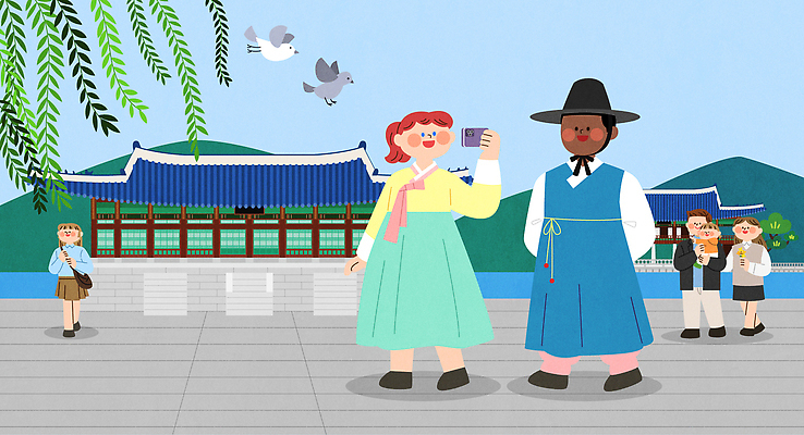 전신 외국인 여자 남자 어린이 흑인 일러스트 조류 하늘 휴가 산 한국 미소 들기 소녀 여러명 성인 스마트폰 여행객 걷기 사진촬영 한복 버드나무 경회루 국내여행 국내일러스트 AI파일 갓모자 서양인 나무 동물 모자_잡화 한국전통 아시아 여행 다수 모션 전통소품 표정 사람 인종 핸드폰 스마트기기 촬영 전통의상 경복궁 파일형식 벡터