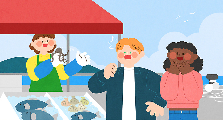 외국인 구름 여자 남자 흑인 일러스트 하늘 휴가 조개 한국 어류 들기 상반신 성인 해변 세명 여행객 앞치마 놀람 상인 고무장갑 수산시장 가판대 국내여행 주꾸미 성인만 국내일러스트 AI파일 자연요소 서양인 감정 아시아 바다 여행 장갑 모션 어패류 연체동물 표정 사람 인종 수중동물 시장 고무 파일형식 벡터