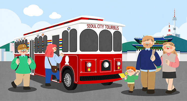 전신 외국인 구름 여자 남자 어린이 일러스트 배낭 하늘 휴가 들기 소년 여러명 성인 여행객 손잡기 승차 경복궁 남산타워 관광버스 국내여행 서울투어 시티투어 국내일러스트 AI파일 자연요소 여행 다수 가방 모션 버스 서울 한국 사람 인종 궁전 남산 파일형식 벡터