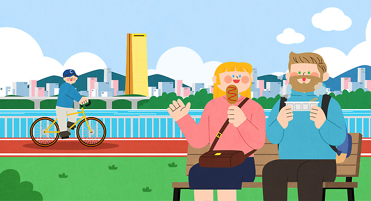 외국인 구름 여자 남자 벤치 가방 일러스트 난간 하늘 휴가 한국 대화 미소 들기 앉기 잔디 성인 세명 여행객 자전거 도시 라면 먹기 핫도그 63빌딩 국내여행 자전거도로 캡모자 한강공원 성인만 국내일러스트 AI파일 자연요소 식물 모자_잡화 잡화 공원 아시아 음식 여행 의자 모션 서울 패스트푸드 표정 말하기 사람 인종 빌딩 바이크 면류 한강 랜드마크 전용도로 파일형식 벡터