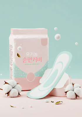 PSD 편집이미지 분홍색 사람없음 유기농 부드러움 패키지 민트색 생리대 목화솜 이미지편집 웰빙 컬러 감각 솜 여성용품 파일형식