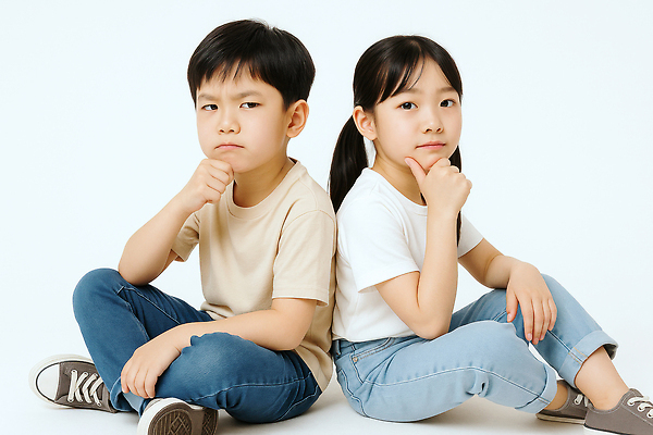 JPG 전신 편집이미지 여자 남자 어린이 생각 미소 소녀 소년 두명 턱괴기 고민 걱정 가부좌 의료성형뷰티 어린이만 편집실사 AI인물포토 AI콘텐츠 감정 모션 표정 사람 앉기 CG 파일형식 AI포토