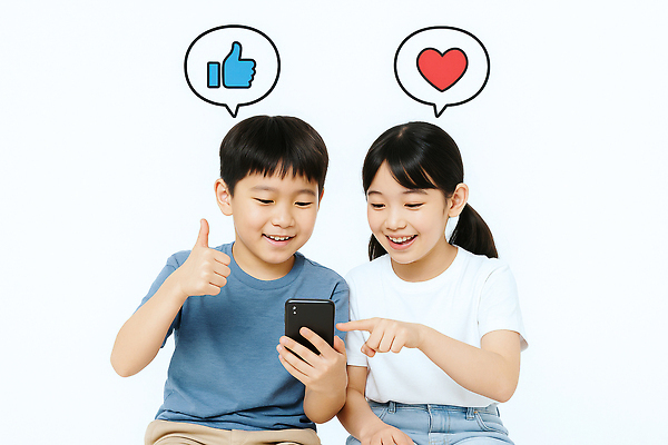 JPG 편집이미지 여자 남자 어린이 말풍선 미소 들기 소녀 소년 상반신 두명 스마트폰 하트 가리킴 따봉 의료성형뷰티 좋음 어린이만 편집실사 AI인물포토 AI콘텐츠 모양 컨셉 모션 표정 사람 손짓 핸드폰 스마트기기 최고 CG 파일형식 AI포토