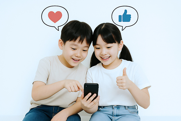 JPG 편집이미지 여자 남자 어린이 말풍선 미소 들기 소녀 소년 상반신 두명 스마트폰 하트 가리킴 따봉 의료성형뷰티 좋음 어린이만 편집실사 AI인물포토 AI콘텐츠 모양 컨셉 모션 표정 사람 손짓 핸드폰 스마트기기 최고 CG 파일형식 AI포토