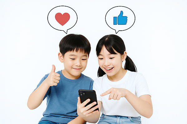 JPG 편집이미지 여자 남자 어린이 말풍선 미소 들기 소녀 소년 상반신 두명 스마트폰 하트 가리킴 따봉 의료성형뷰티 좋음 어린이만 편집실사 AI인물포토 AI콘텐츠 모양 컨셉 모션 표정 사람 손짓 핸드폰 스마트기기 최고 CG 파일형식 AI포토