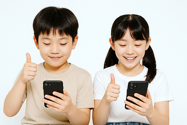 JPG 편집이미지 여자 남자 어린이 미소 들기 소녀 소년 상반신 두명 스마트폰 따봉 의료성형뷰티 어린이만 편집실사 AI인물포토 AI콘텐츠 모션 표정 사람 핸드폰 스마트기기 최고 CG 파일형식 AI포토