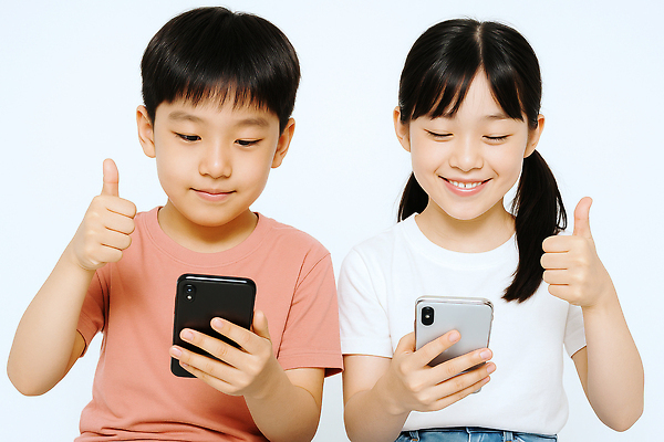 JPG 편집이미지 여자 남자 어린이 미소 들기 소녀 소년 상반신 두명 스마트폰 따봉 의료성형뷰티 어린이만 편집실사 AI인물포토 AI콘텐츠 모션 표정 사람 핸드폰 스마트기기 최고 CG 파일형식 AI포토