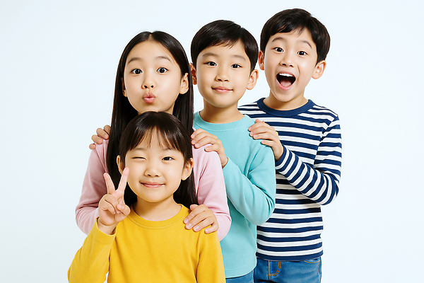 JPG 편집이미지 여자 남자 어린이 윙크 입벌림 미소 소녀 소년 여러명 상반신 귀여움 브이 입내밀기 의료성형뷰티 어린이만 어깨에손 편집실사 AI인물포토 AI콘텐츠 다수 컨셉 모션 표정 사람 손짓 CG 파일형식 AI포토