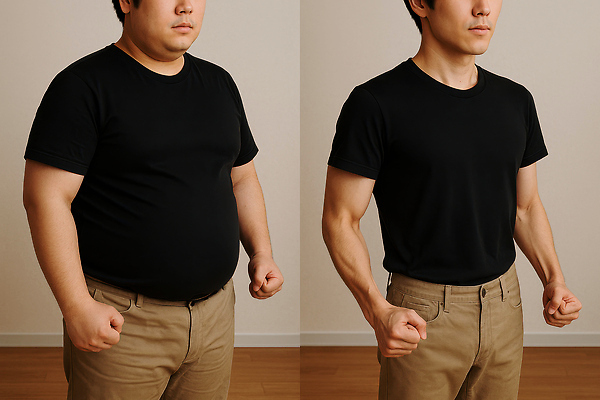 JPG 편집이미지 남자 다이어트 성인 두명 주먹 비만 근육질 의료성형뷰티 전후 성인남자만 편집실사 AI인물포토 AI콘텐츠 모션 근육 건강 사람 비교 몸매 CG 남자만 성인만 파일형식 AI포토