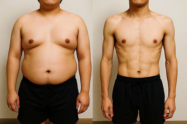 JPG 편집이미지 남자 다이어트 성인 두명 비만 근육질 복근 의료성형뷰티 전후 성인남자만 편집실사 AI인물포토 AI콘텐츠 근육 건강 사람 비교 몸매 CG 남자만 성인만 파일형식 AI포토