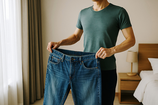 JPG 편집이미지 남자 다이어트 집안 한명 들기 성인 청바지 침대 스탠드 커튼 협탁 의료성형뷰티 성인남자한명만 편집실사 AI인물포토 AI콘텐츠 1 가구 바지 모션 조명 실내 건강 사람 CG 남자한명만 성인남자만 파일형식 AI포토