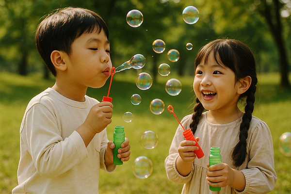 JPG 편집이미지 여자 남자 어린이 자연 웃음 들기 소녀 소년 초원 상반신 두명 초록색 귀여움 비눗방울 불기 순수 비눗방울놀이 의료성형뷰티 어린이만 동심 편집실사 AI인물포토 AI콘텐츠 컬러 컨셉 모션 놀이 표정 사람 CG 생태계 파일형식 AI포토
