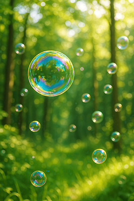 JPG 나무 편집이미지 자연 하늘 사람없음 초록색 햇빛 여름풍경 비눗방울 숲속 숲 감성 동심 편집실사 AI컴퓨터그래픽 AI콘텐츠 식물 컬러 컨셉 풍경 태양 CG 생태계 파일형식 여름_계절