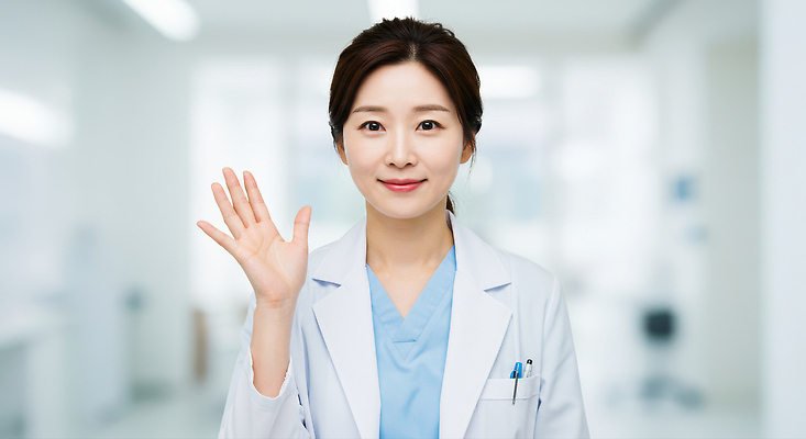 JPG 편집이미지 응시 여자 조명 친절 병원 한명 미소 상반신 성인 손들기 깨끗함 흰색 의사가운 상담 손인사 의료성형뷰티 성인여자한명만 편집실사 AI인물포토 AI콘텐츠 1 시선 컬러 컨셉 의학 모션 표정 사람 의사 인사 가운 CG 여자한명만 성인여자만 파일형식 AI포토