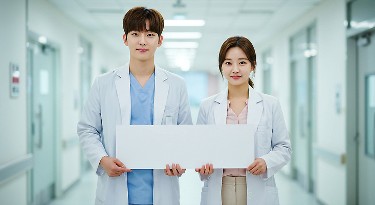 JPG 편집이미지 응시 여자 남자 조명 병원 미소 들기 성인 두명 깨끗함 팻말 흰색 의사가운 상담 의료성형뷰티 성인만 편집실사 AI인물포토 AI콘텐츠 시선 컬러 컨셉 의학 모션 프레임 표정 사람 의사 가운 CG 파일형식 AI포토