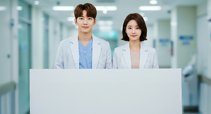 JPG 편집이미지 응시 여자 남자 조명 병원 미소 들기 상반신 성인 두명 깨끗함 팻말 흰색 의사가운 상담 의료성형뷰티 성인만 편집실사 AI인물포토 AI콘텐츠 시선 컬러 컨셉 의학 모션 프레임 표정 사람 의사 가운 CG 파일형식 AI포토