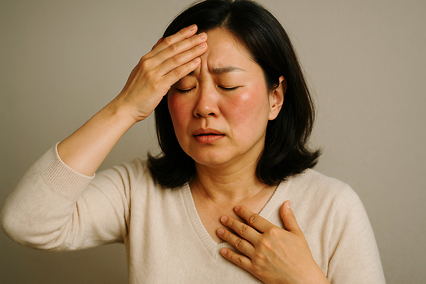 JPG 편집이미지 여자 중년 집안 한명 상반신 뷰티 만지기 찡그림 두통 갱년기 발열 체온측정 홍조 의료성형뷰티 중년여자한명만 편집실사 AI인물포토 AI콘텐츠 1 모션 실내 표정 사람 성인 질병 CG 측정 증상 여자한명만 중년여자만 파일형식 AI포토