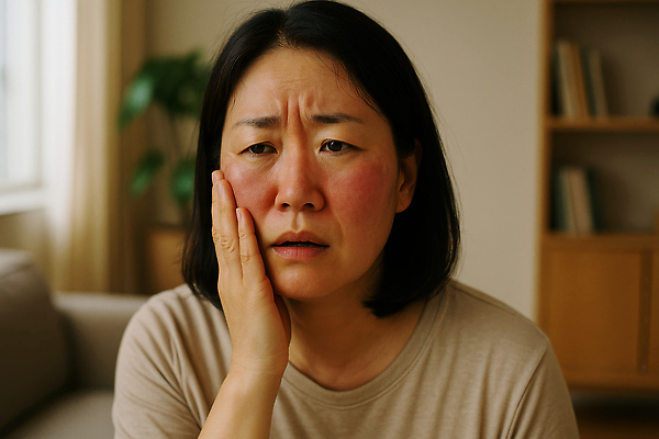 JPG 식물 편집이미지 여자 중년 집안 책장 한명 상반신 소파 뷰티 만지기 커튼 찡그림 두통 갱년기 발열 홍조 의료성형뷰티 중년여자한명만 편집실사 AI인물포토 AI콘텐츠 1 가구 의자 모션 실내 표정 사람 성인 질병 CG 증상 여자한명만 중년여자만 파일형식 AI포토