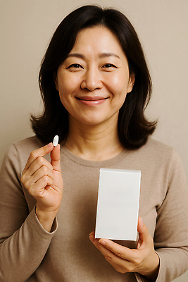 JPG 편집이미지 여자 중년 집안 한명 미소 들기 상반신 뷰티 알약 패키지 갱년기 의료성형뷰티 중년여자한명만 편집실사 AI인물포토 AI콘텐츠 1 모션 실내 표정 사람 성인 약 CG 증상 여자한명만 중년여자만 파일형식 AI포토