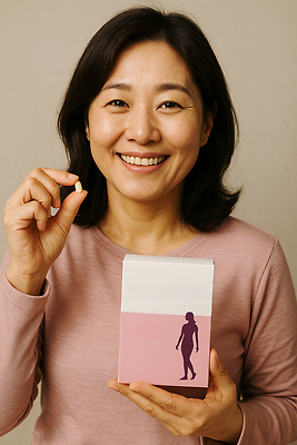 JPG 편집이미지 여자 중년 집안 한명 미소 들기 상반신 뷰티 알약 패키지 갱년기 의료성형뷰티 중년여자한명만 편집실사 AI인물포토 AI콘텐츠 1 모션 실내 표정 사람 성인 약 CG 증상 여자한명만 중년여자만 파일형식 AI포토