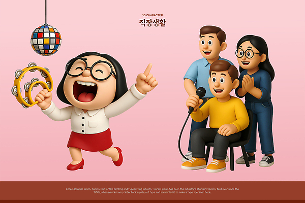 전신 PSD 편집이미지 응시 여자 남자 분홍색 의자 노래 3D캐릭터 들기 앉기 정장 여러명 성인 비즈니스라이프 3D 가리킴 춤 비즈니스우먼 박수 마이크 신기함 공영순 탬버린 미러볼 사회생활 노래방 성인만 안경낌 편집3D 캐릭터 라이프스타일 시선 옷 안경 음악 컬러 음향기기 가구 다수 컨셉 비즈니스 모션 문화예술 타악기 사람 손짓 장식 직장인 디지털합성 파일형식