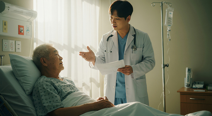 JPG 편집이미지 할아버지 노년 남자 창문 청진기 병원 말하기 들기 성인 두명 눕기 햇빛 기댐 의사가운 커튼 링거 문서 요양원 요양보호사 링거걸이 병원침대 진료기록부 의료성형뷰티 남자만 편집실사 AI인물포토 AI콘텐츠 직업 의학 의료기기 모션 사람 태양 진료 의사 침대 가운 CG 파일형식 AI포토