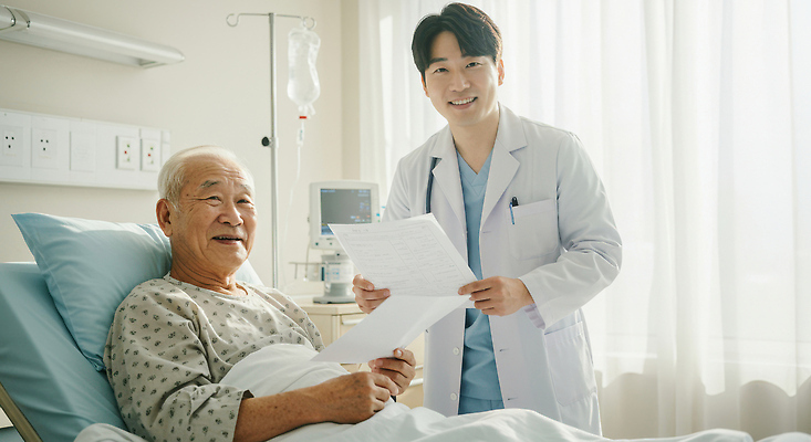 JPG 편집이미지 할아버지 노년 남자 밝음 병원 미소 들기 성인 두명 눕기 기댐 의사가운 커튼 링거 문서 요양원 요양보호사 링거걸이 병원침대 진료기록부 의료성형뷰티 남자만 편집실사 AI인물포토 AI콘텐츠 직업 의학 의료기기 모션 표정 사람 진료 의사 침대 가운 CG 파일형식 AI포토