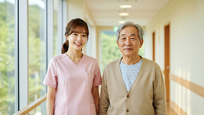 JPG 편집이미지 여자 할아버지 노년 남자 창문 병원 미소 상반신 성인 두명 복도 요양원 요양보호사 의료성형뷰티 편집실사 AI인물포토 AI콘텐츠 직업 의학 표정 사람 CG 파일형식 AI포토