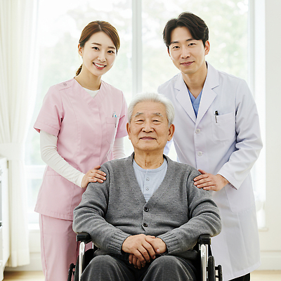 JPG 편집이미지 여자 할아버지 노년 남자 창문 밝음 병원 미소 앉기 성인 세명 햇빛 의사가운 커튼 휠체어 손모으기 요양원 요양보호사 의료성형뷰티 어깨에손 편집실사 AI인물포토 AI콘텐츠 직업 의학 모션 표정 사람 손짓 태양 의사 가운 CG 파일형식 AI포토