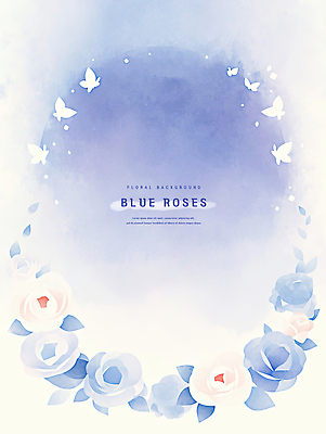 PSD 하늘색 나비 잎 일러스트 여름꽃 수채화 사람없음 장미 번짐 꽃프레임 국내일러스트 식물 꽃 곤충 프레임 파란색 파일형식 효과 여름_계절