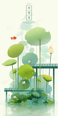 PSD 건축물 일러스트 사람없음 연두색 반사 수면 연잎 꽃봉오리 금붕어 연꽃차 국내일러스트 건축 꽃 잎 어류 초록색 물 꽃차 파일형식