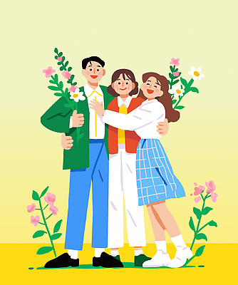 전신 여자 노년 남자 꽃 행복 허리손 잎 일러스트 가족 포옹 웃음 들기 성인 세명 화목 가정의달 국내일러스트 AI파일 식물 감정 포즈 컨셉 관계 안기 모션 표정 사람 5월 파일형식 벡터