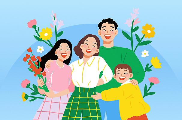 여자 남자 꽃 행복 어린이 허리손 잎 일러스트 가족 포옹 청소년 웃음 들기 소년 여러명 성인 화목 가정의달 어깨에손 국내일러스트 AI파일 식물 감정 포즈 다수 컨셉 관계 안기 모션 표정 사람 5월 파일형식 벡터