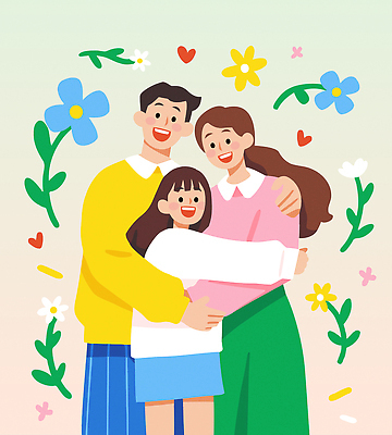 여자 남자 꽃 행복 어린이 잎 일러스트 가족 포옹 웃음 소녀 성인 세명 화목 하트 가정의달 어깨에손 국내일러스트 AI파일 모양 식물 감정 컨셉 관계 안기 모션 표정 사람 5월 파일형식 벡터