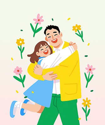 전신 여자 남자 꽃 행복 어린이 잎 일러스트 포옹 웃음 소녀 성인 두명 점프 화목 가정의달 부녀 한부모가족 국내일러스트 AI파일 식물 딸 감정 컨셉 가족 안기 모션 표정 사람 아빠 5월 파일형식 벡터