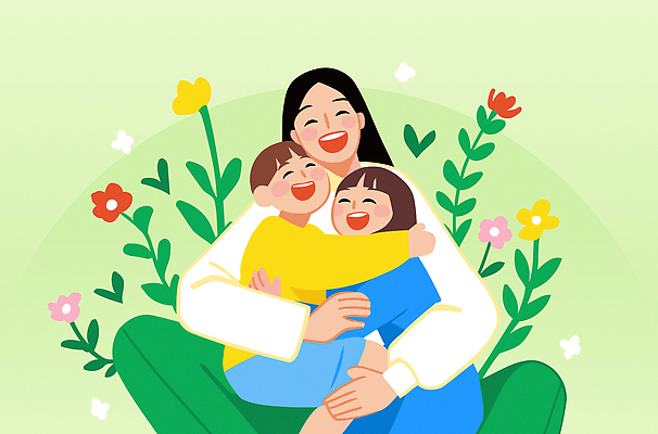여자 남자 꽃 행복 어린이 잎 일러스트 가족 포옹 웃음 앉기 소녀 소년 성인 세명 반짝임 화목 가정의달 미혼모 한부모가족 국내일러스트 AI파일 식물 감정 컨셉 관계 안기 모션 표정 사람 5월 파일형식 벡터