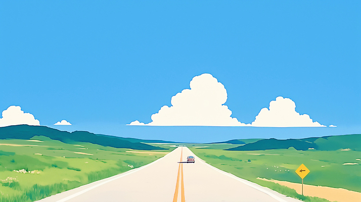 JPG 하늘색 일러스트 자동차 하늘 그림자 초원 사람없음 여름휴가 맑음 여름풍경 고속도로 시원함 뭉게구름 지평선 방향표지판 산맥 국내일러스트 AI일러스트 AI콘텐츠 도로 육상교통 날씨 휴가 산 풍경 파란색 표지판 파일형식 구름_자연 여름_계절