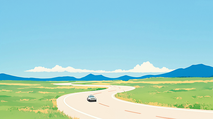 JPG 구름 하늘색 일러스트 자동차 하늘 초원 사람없음 여름휴가 맑음 여름풍경 고속도로 커브길 시원함 지평선 산맥 국내일러스트 AI일러스트 AI콘텐츠 자연요소 도로 육상교통 날씨 휴가 산 풍경 파란색 파일형식 여름_계절
